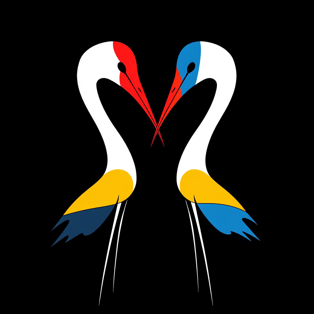 Two Storks in Symmetrical Logo with Bold Colors.