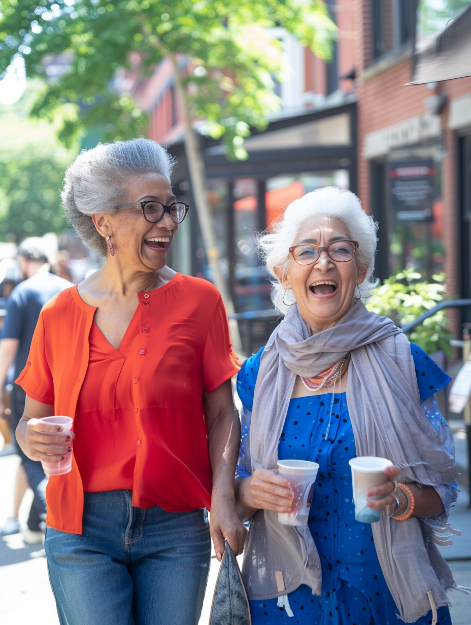 Two Stylish 70s Grandmothers Laughing Outside Cafe 