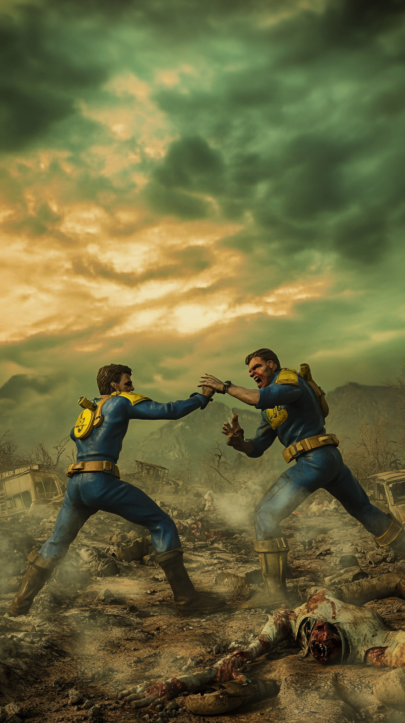 Two Vault-Dwellers Battling Zombies in Post-Apocalyptic City