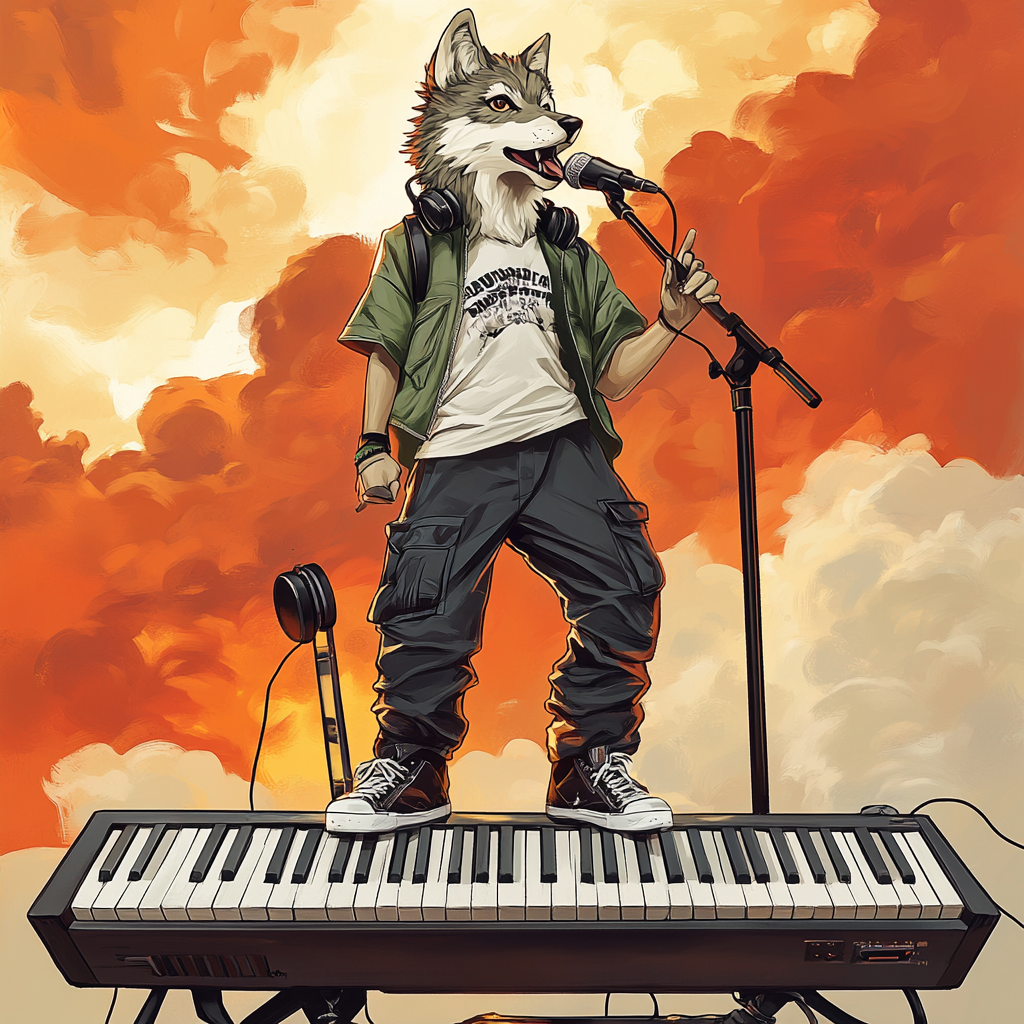 Two Wolves in Cool Outfits on Giant Piano Keys