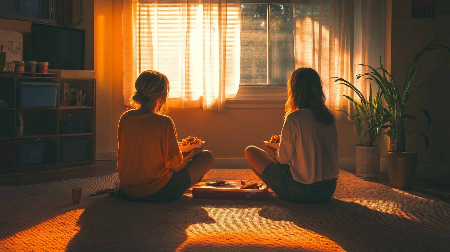 Two Women Enjoying Fries in an Empty Lounge