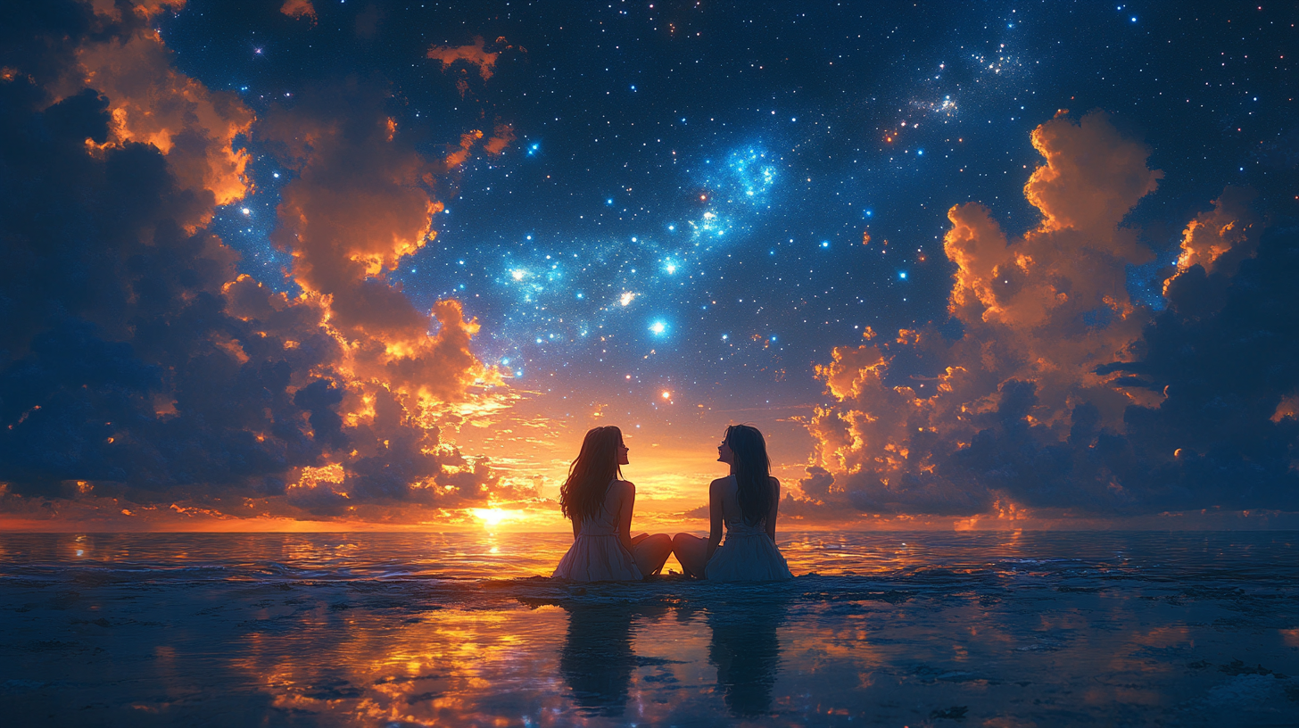 Two Women Enjoying Night Beach