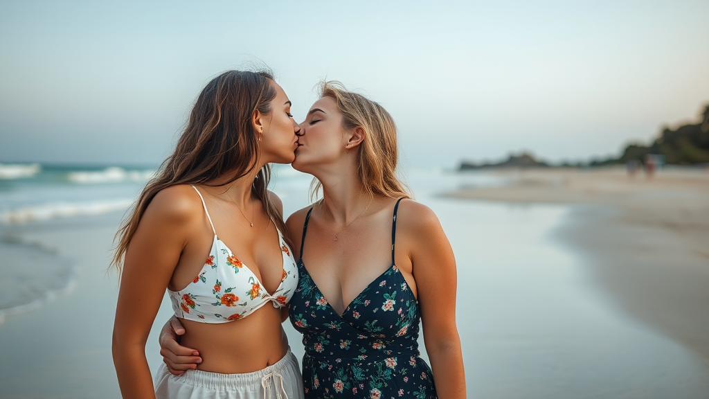 Two Women Kissing Happily at the Beach