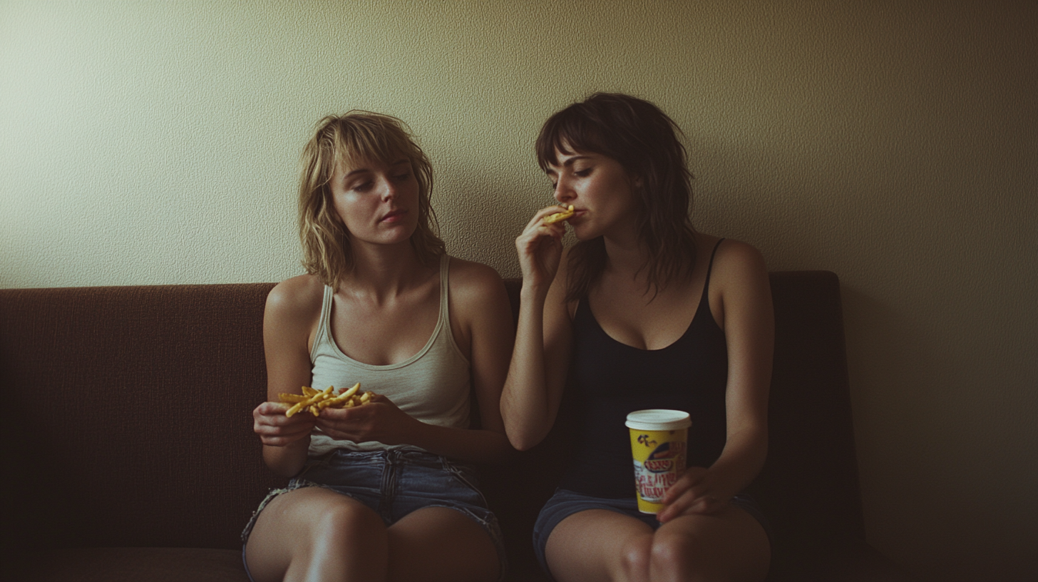 Two Women Sharing Fries in Empty Room