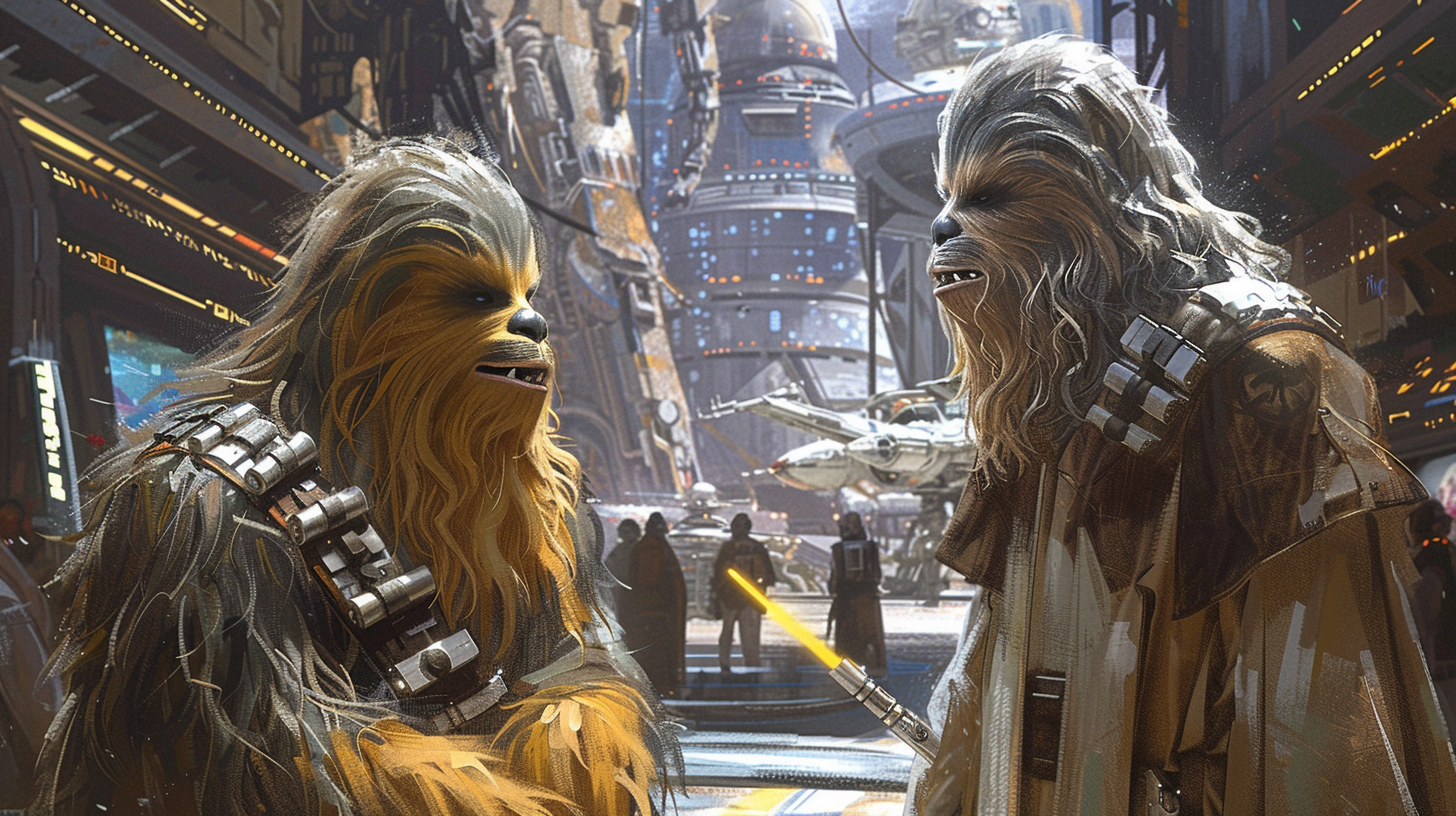 Two Wookiee Jedi Chatting at Spaceport in Panorama.