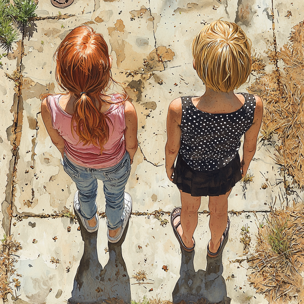 Two Young Girls Standing Outside in Watercolor