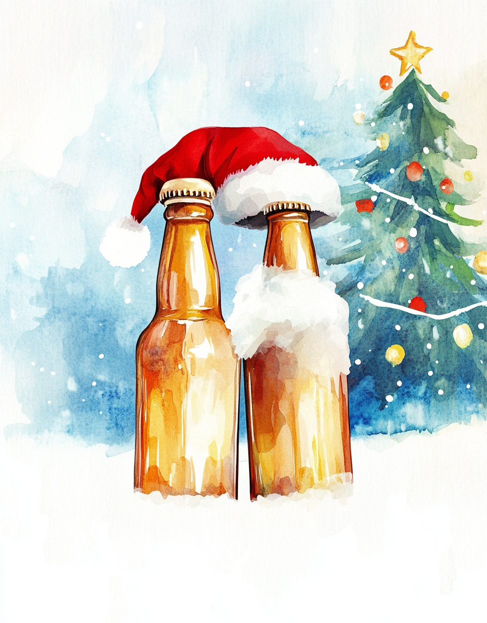 Two beer bottles in Santa hats clinking together