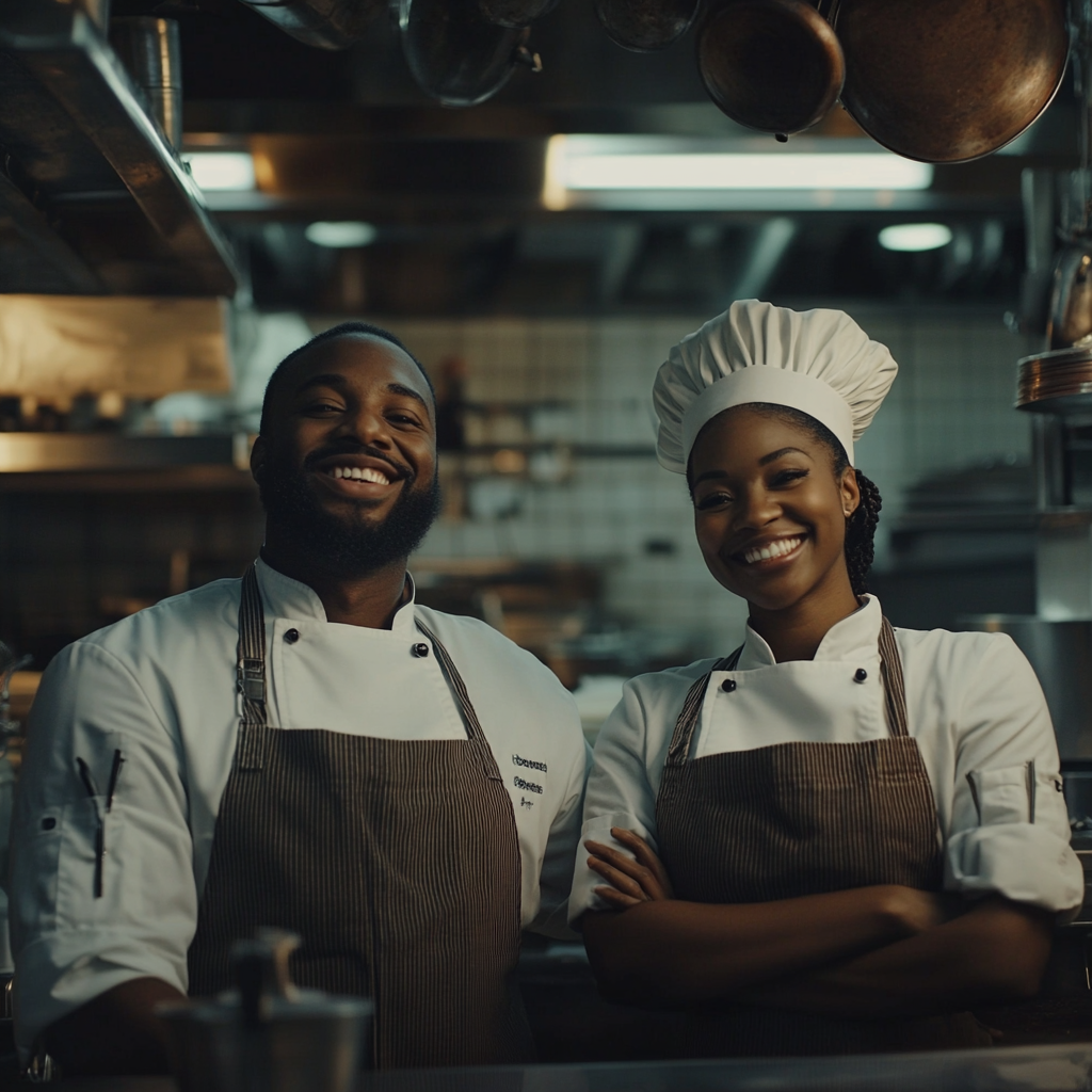 Two black American chefs smiling in kitchen, 4k.