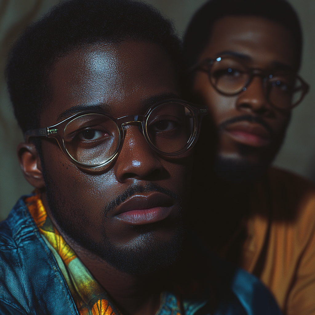 Two black men in glasses, one circus outfit.