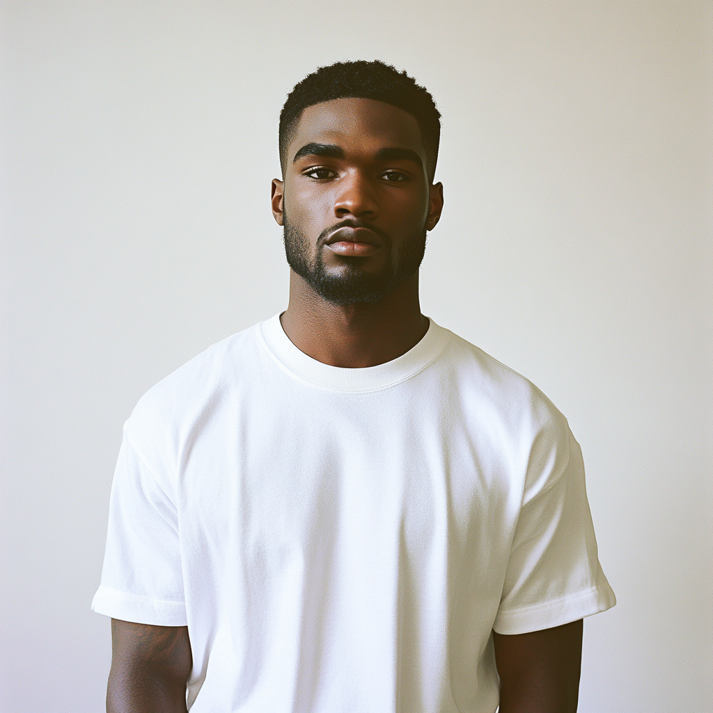 Two black model men wearing white t-shirts.