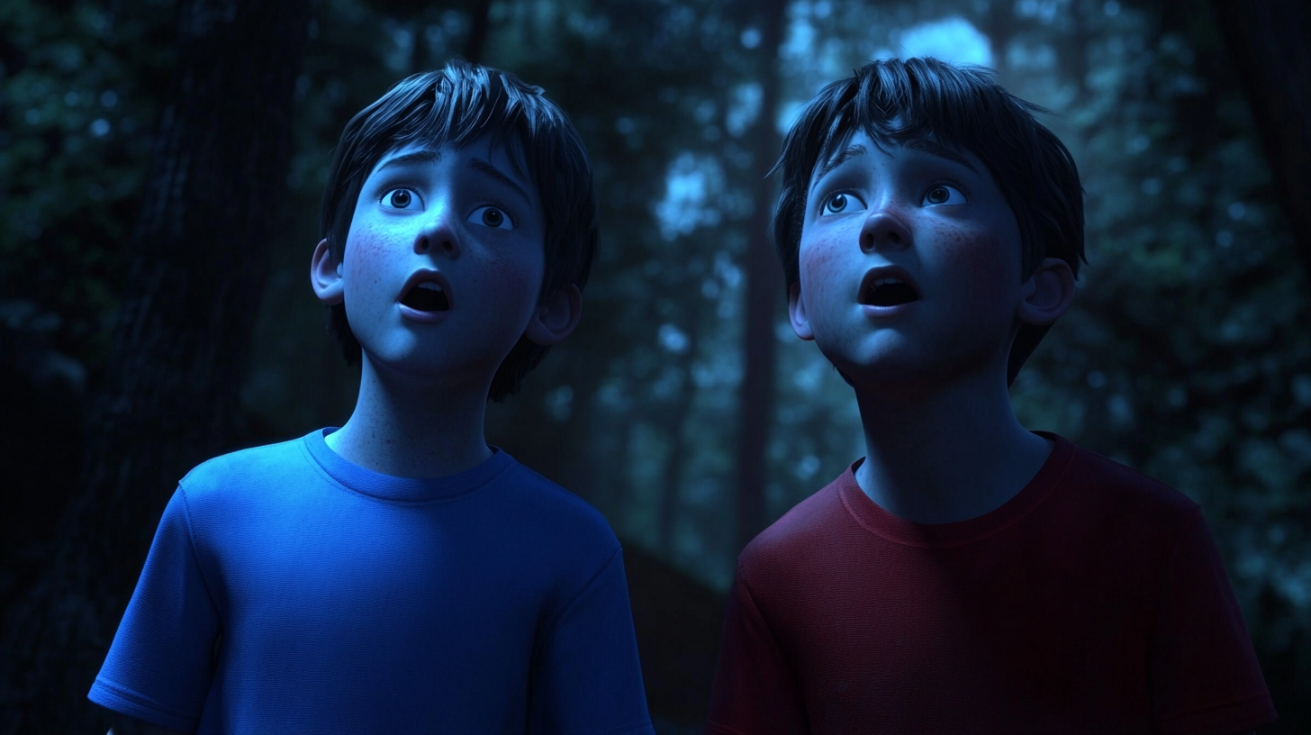 Two boys, one in blue, one in red.