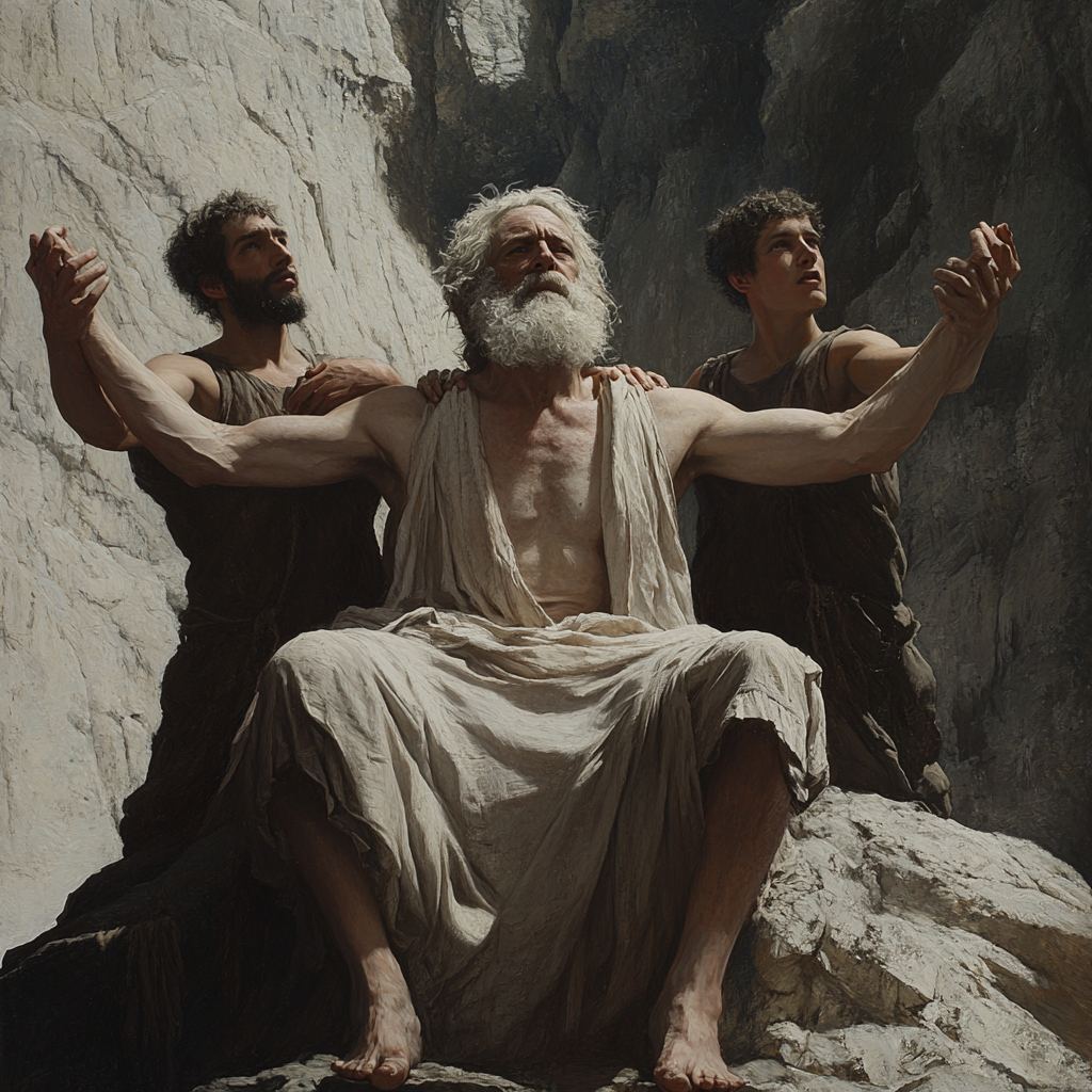 Two boys help Moses on cliff