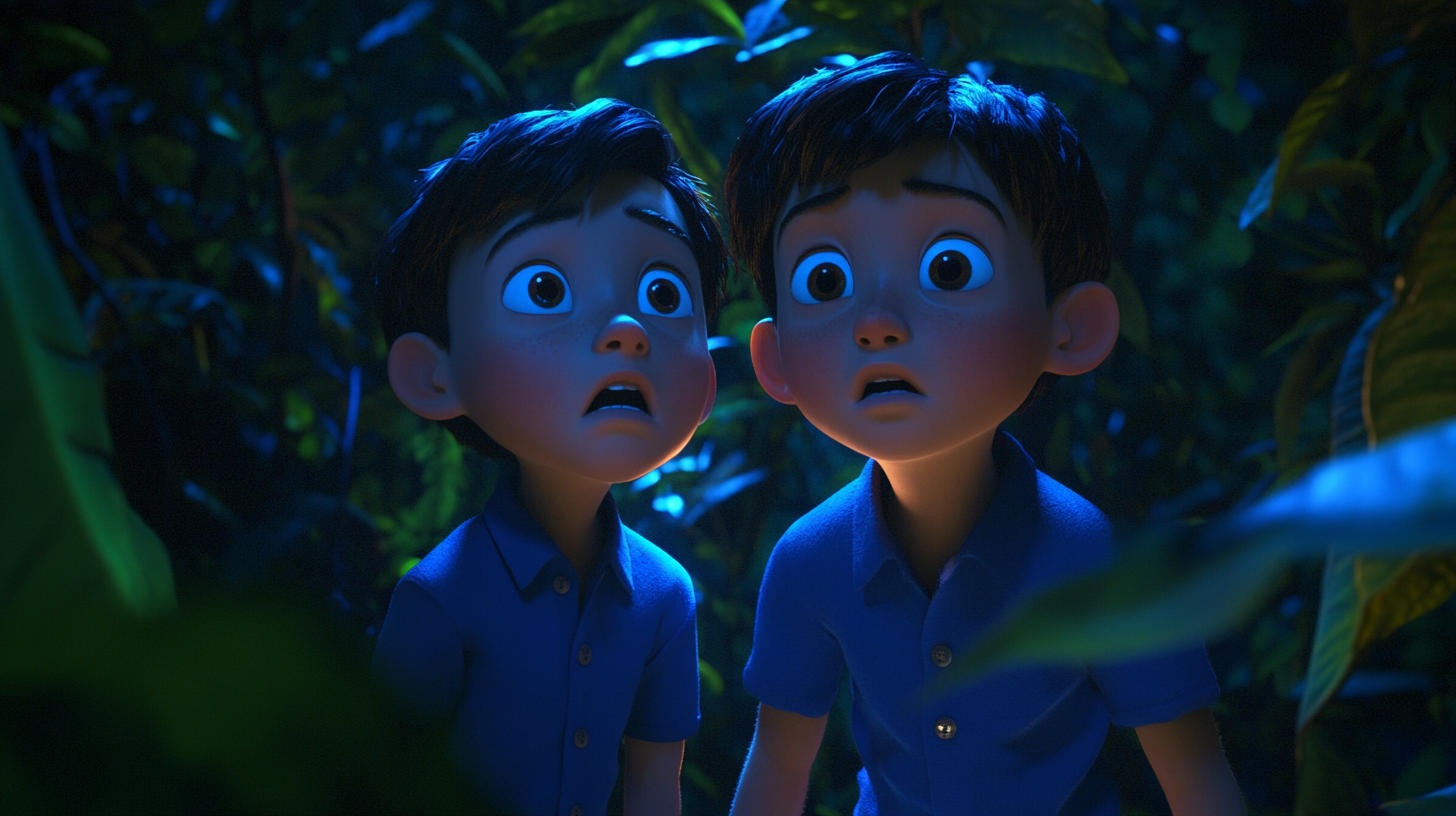 Two boys looking for Sally in dark jungle.