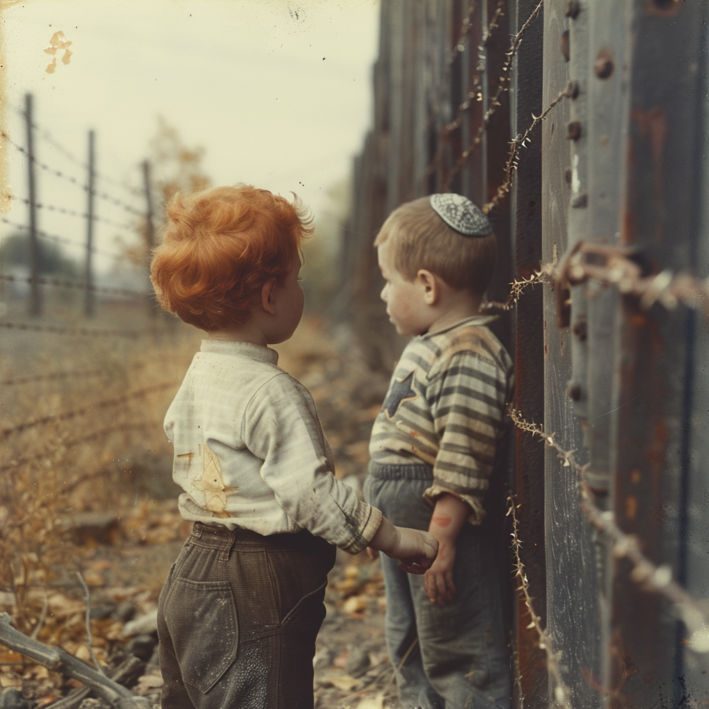 Two boys meet at fence resembling German ghetto.