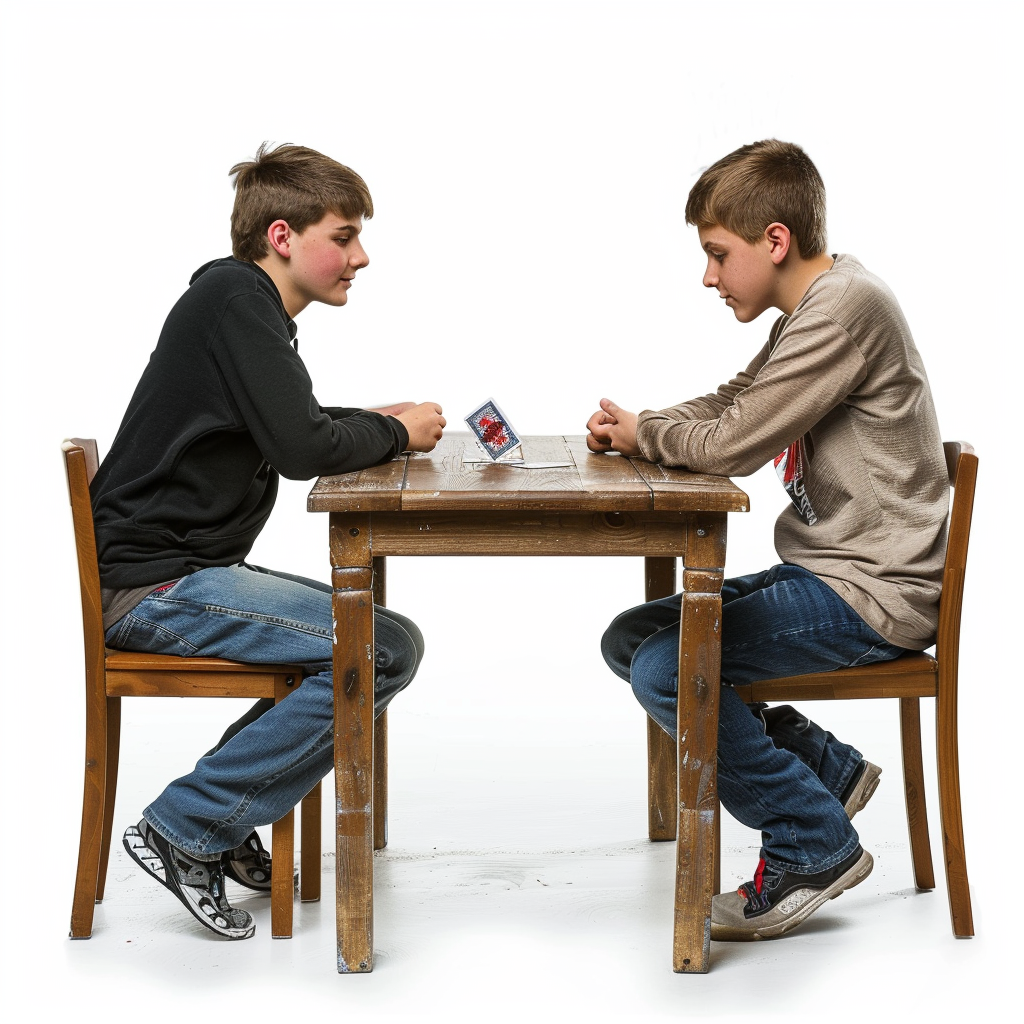 Two boys play cards at table, realistic style.