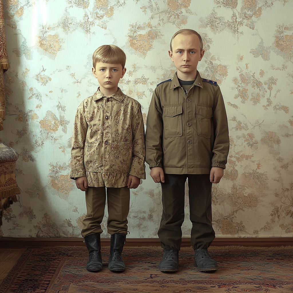 Two boys with Vladimir Putin faces, one taller.