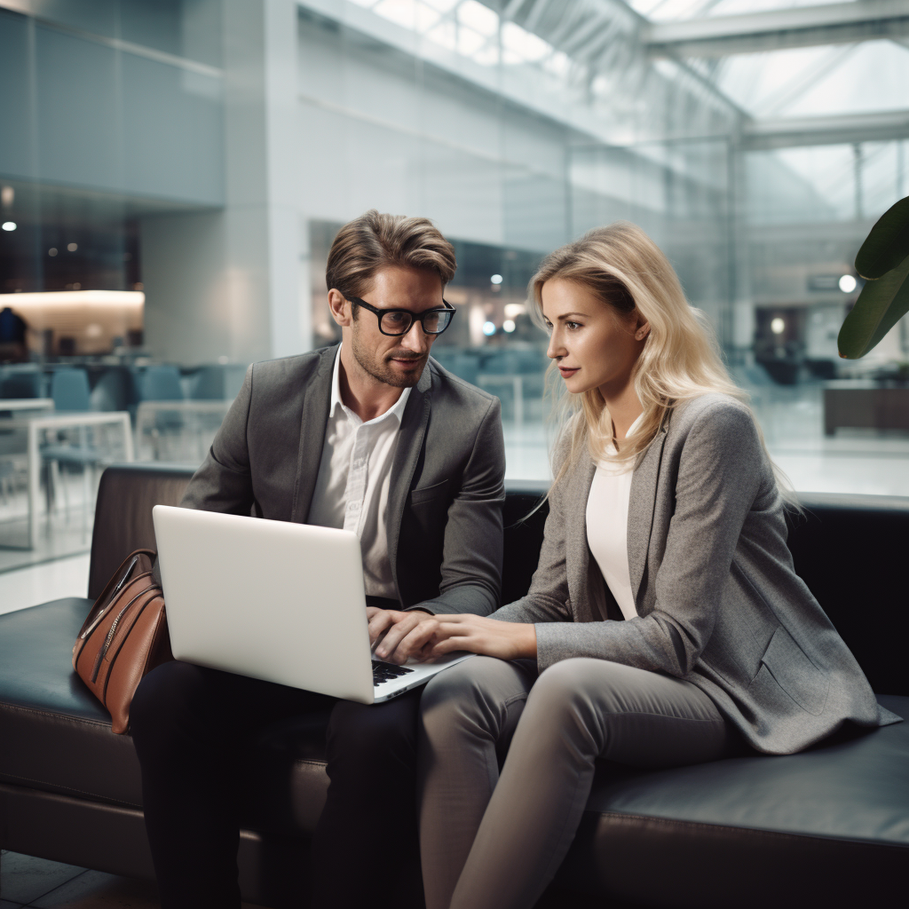 Two business professionals reacting to laptop tool