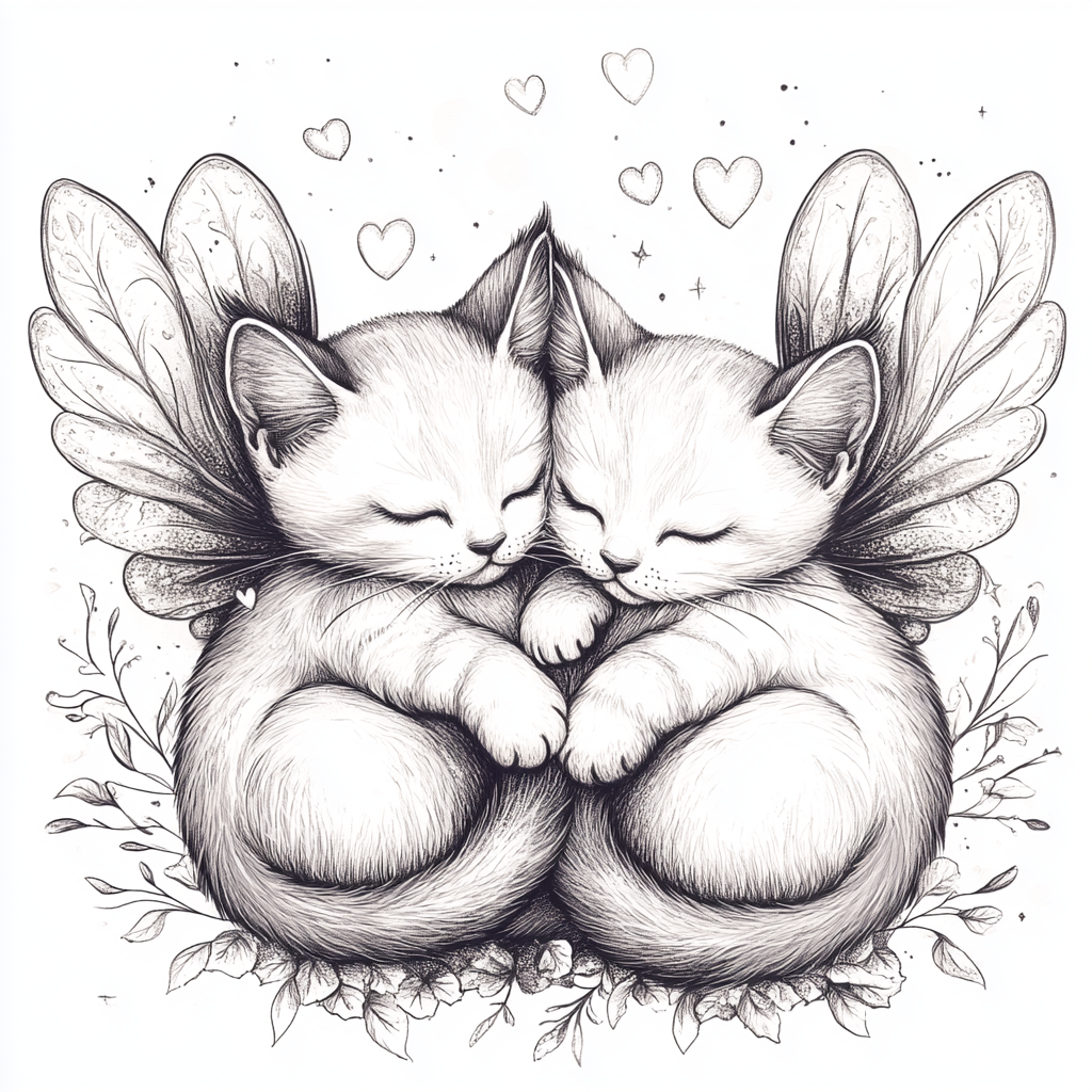 Two cartoon cats with wings hugging in anime style.