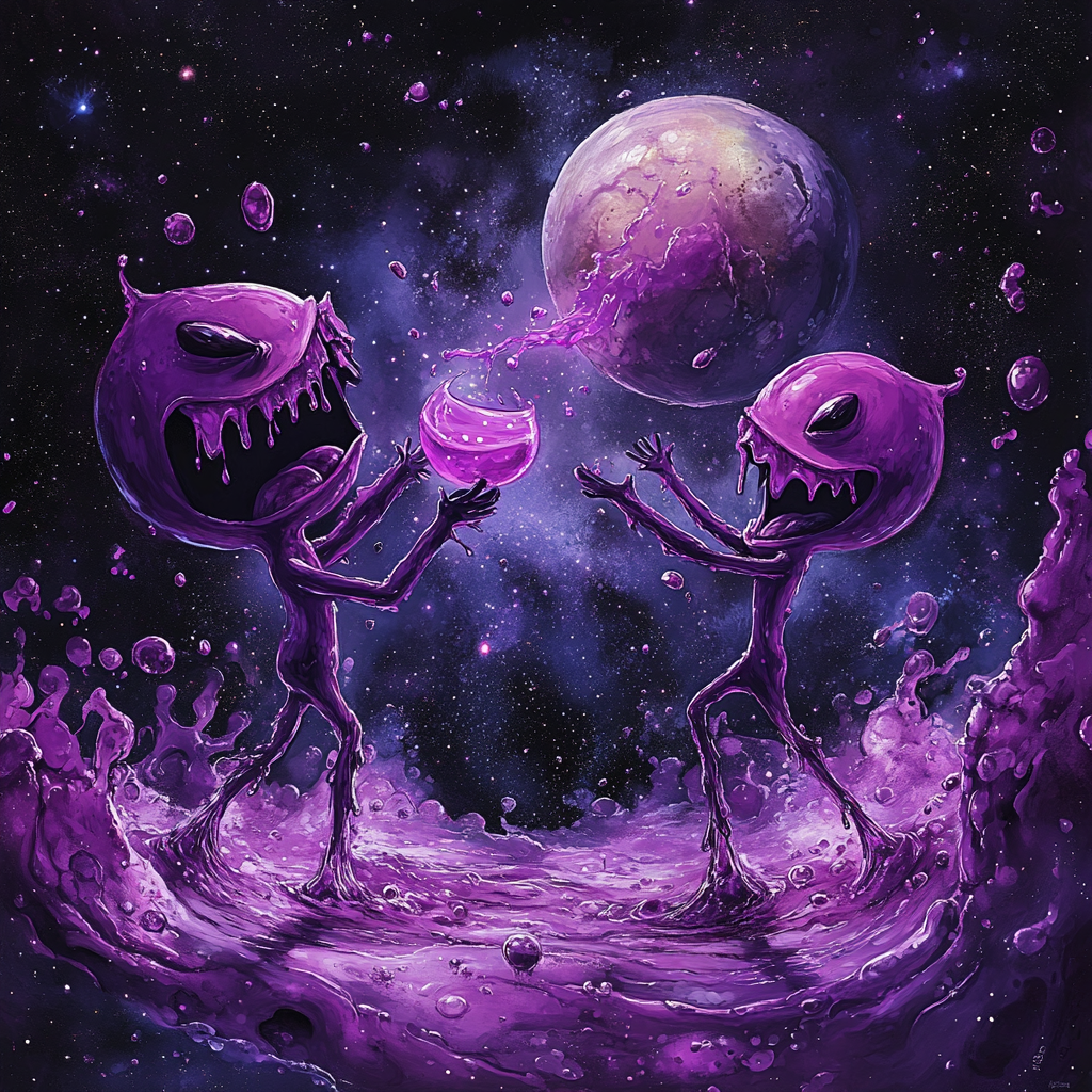 Two cartoon characters throw purple juice in space