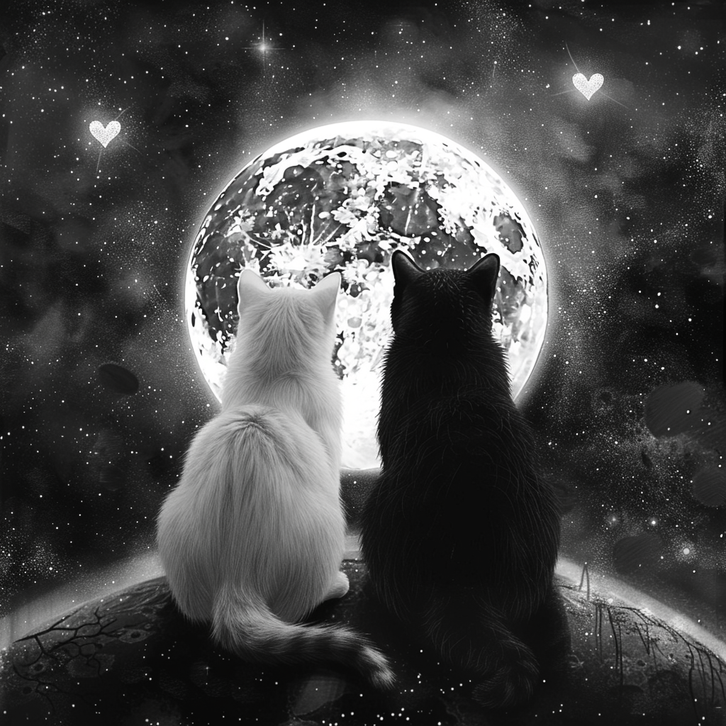 Two cats staring at heart-shaped moon in space.