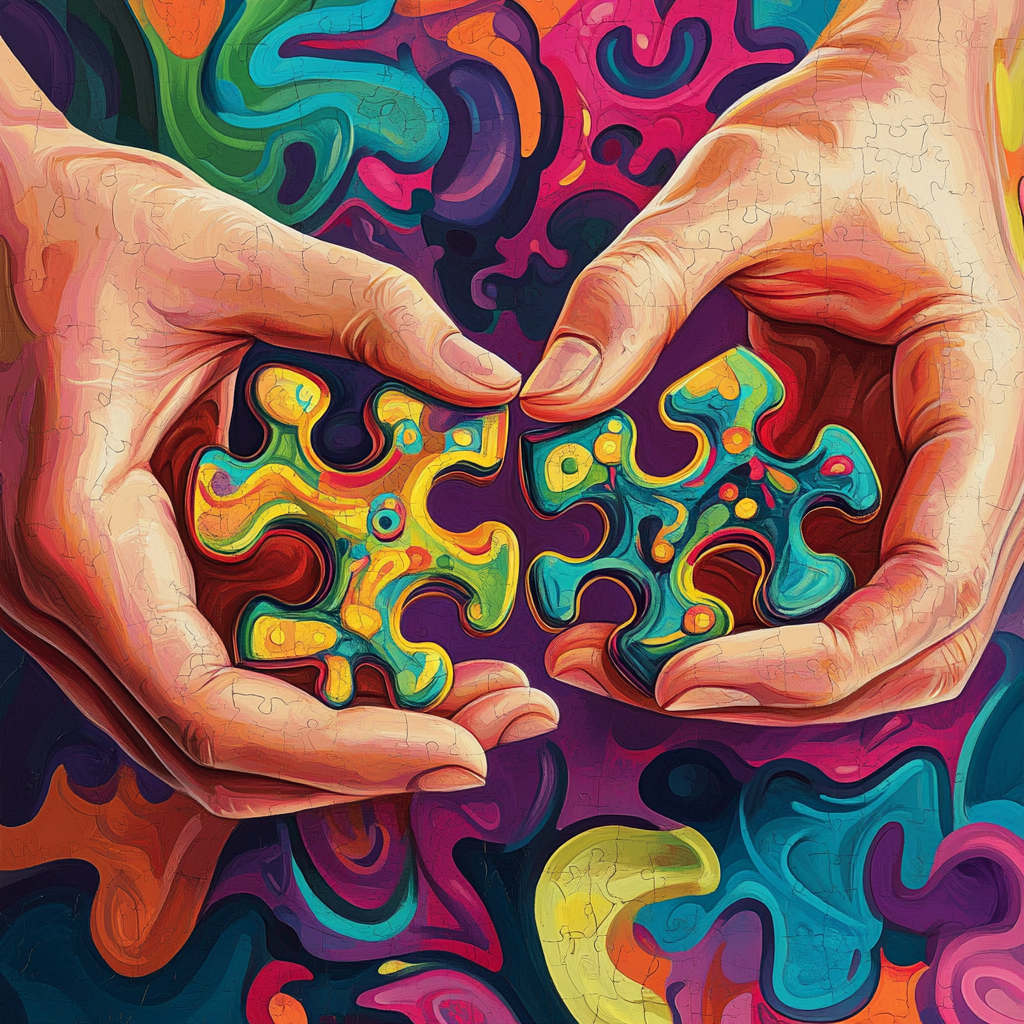 Two colorful puzzle pieces create unity in hands.