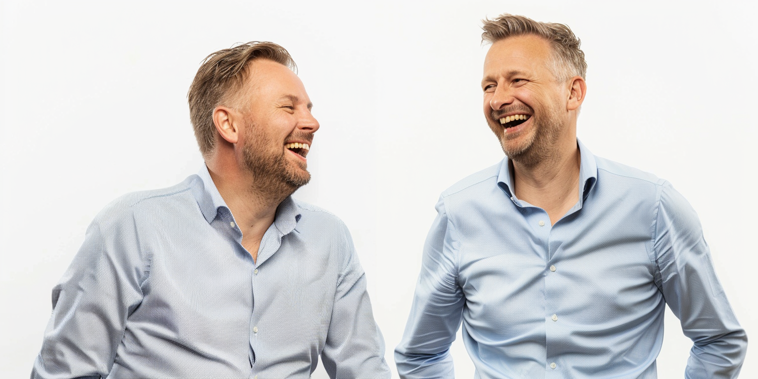 Two consultants discussing project, wearing blue and white shirts.