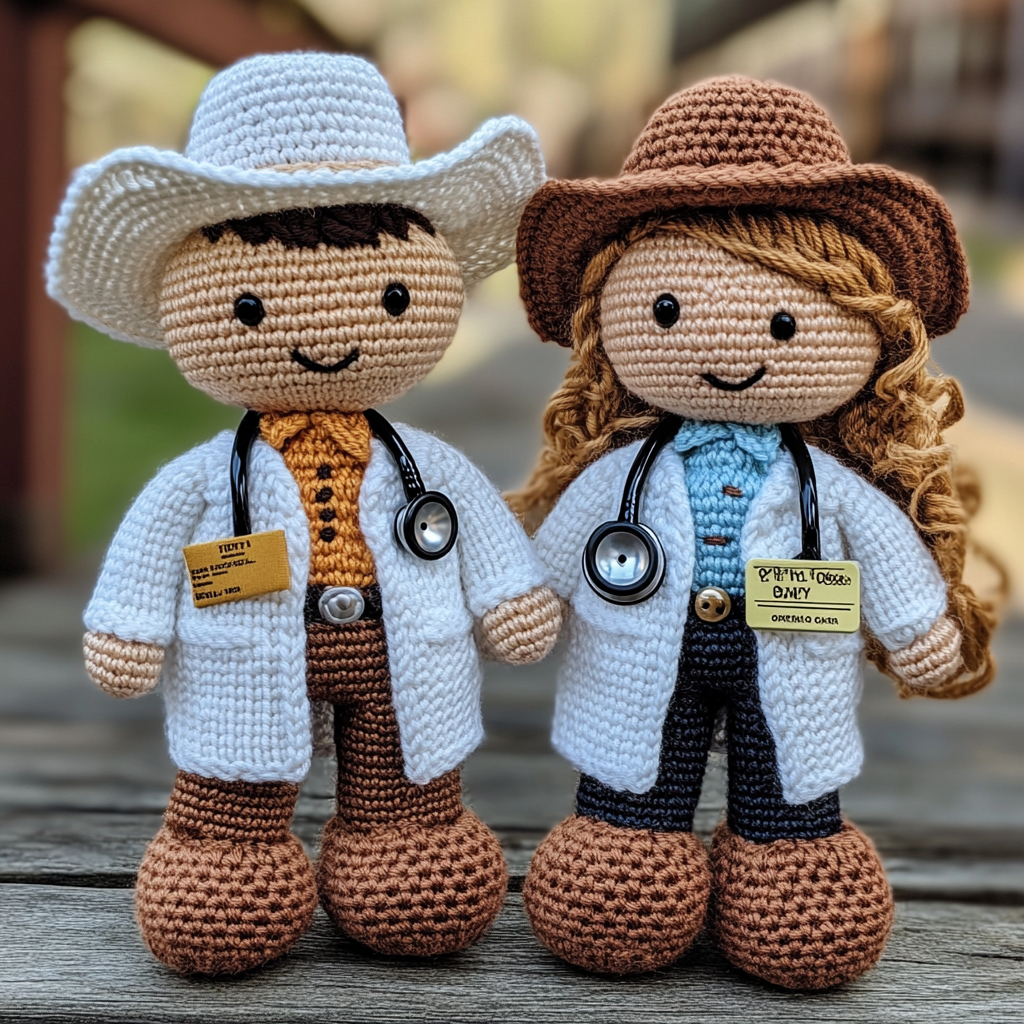 Two cowboy dolls in medical uniforms, posing professionally.