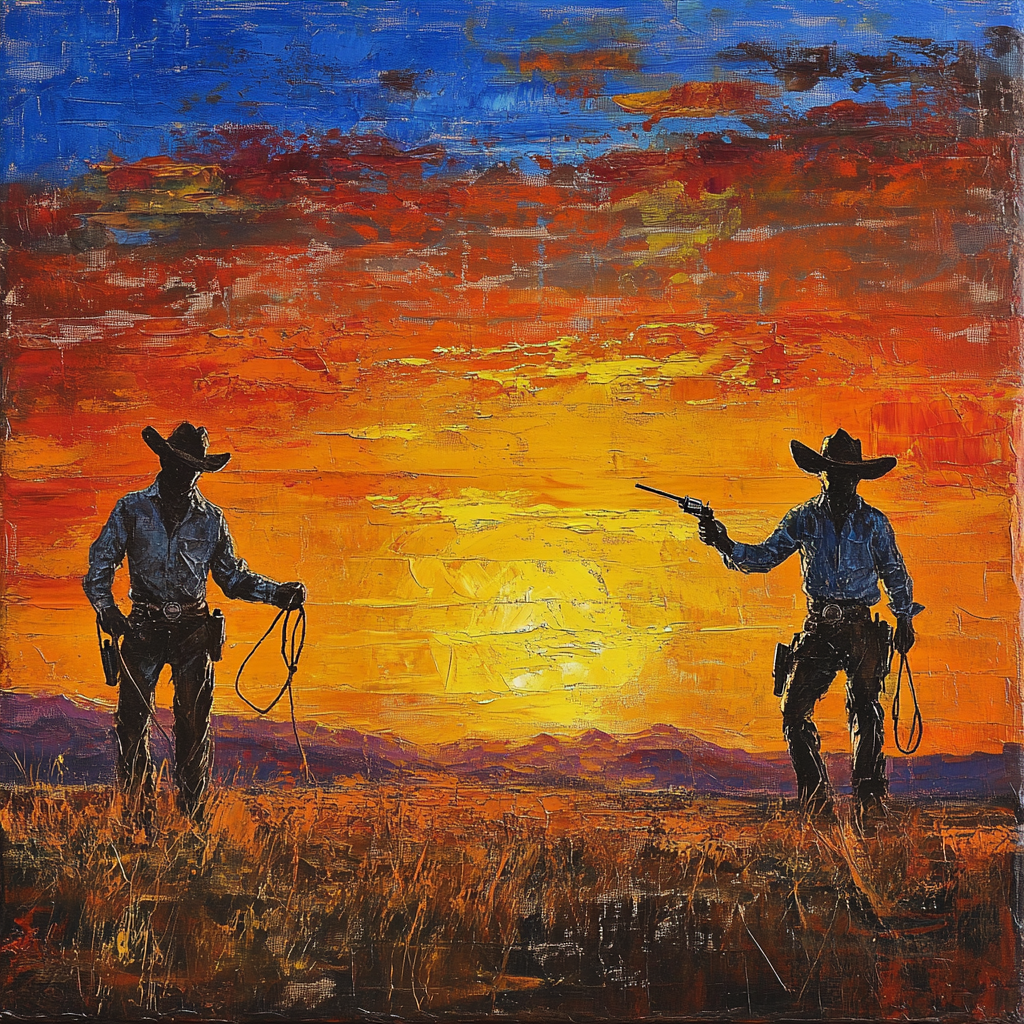 Two cowboys pose with weapons and rope at sunset.