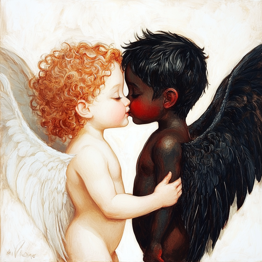 Two cupids kissing with contrasting auras, inspired by Bouguereau.