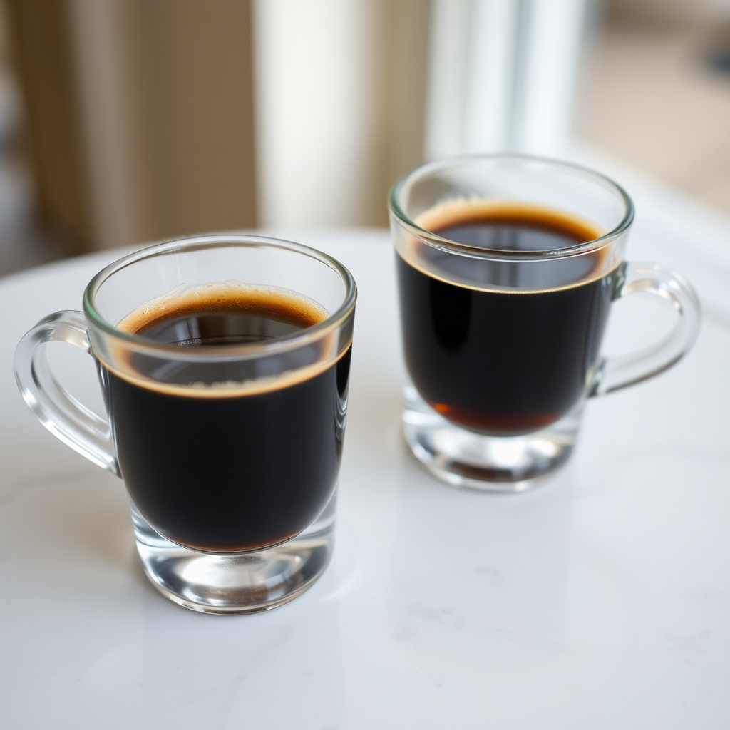 Two cups of espresso coffee on a table