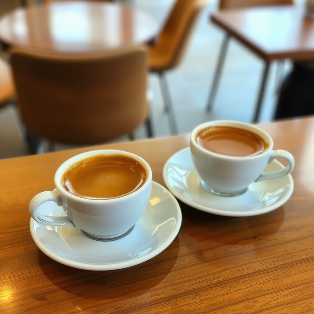 Two cups of espresso coffee on table.