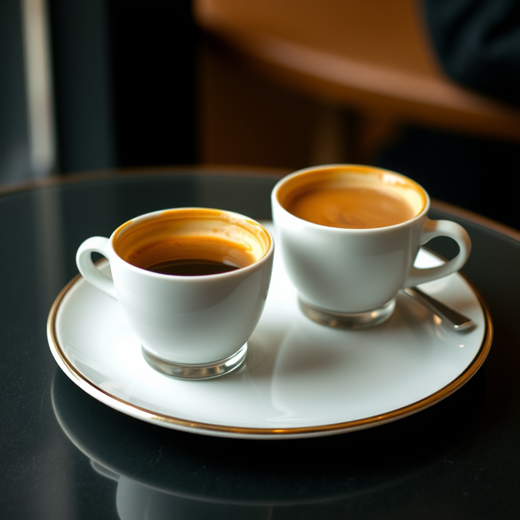 Two cups of espresso coffee on table.