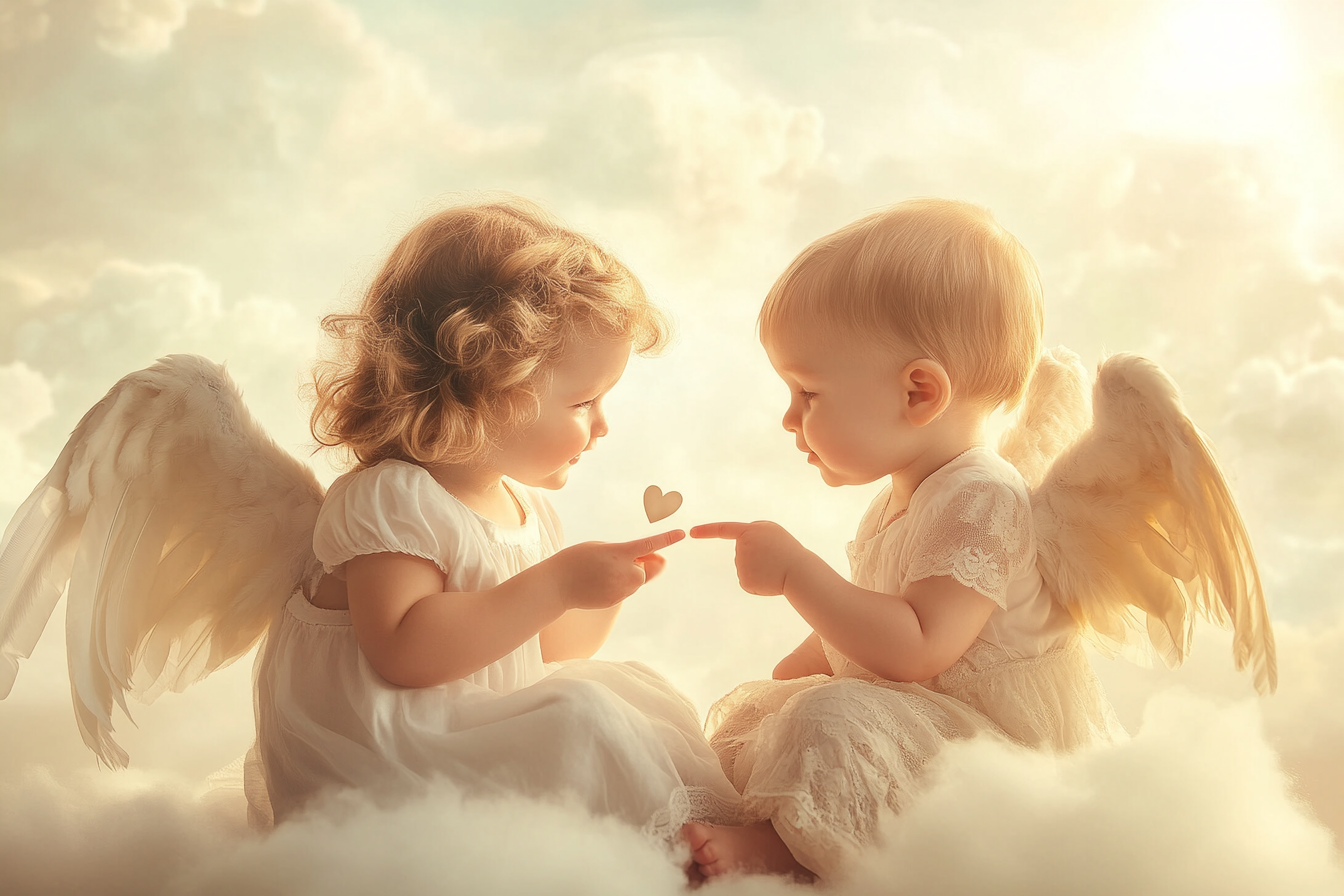 Two cute angels on cloud pointing to couples below.