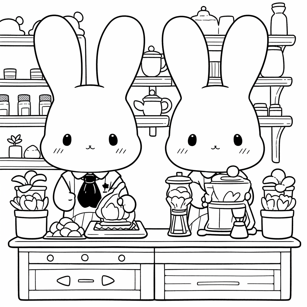 Two cute bunnies in a magical coffee shop.