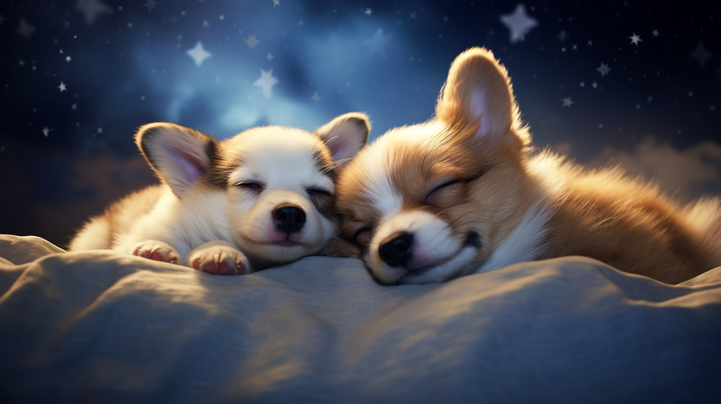 Two cute corgi puppies snuggle in dreamy clouds