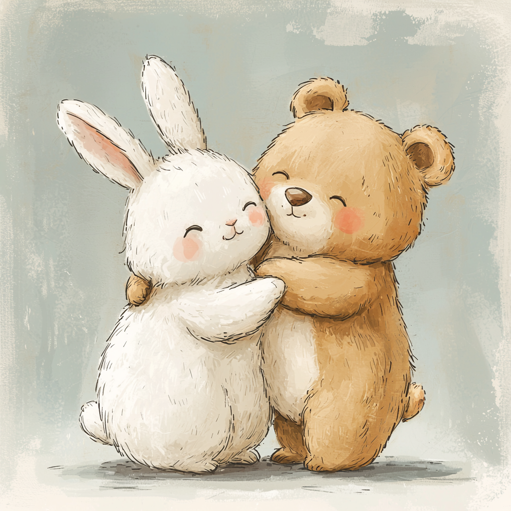 Two cute friends hugging each other, white rabbit, bear.