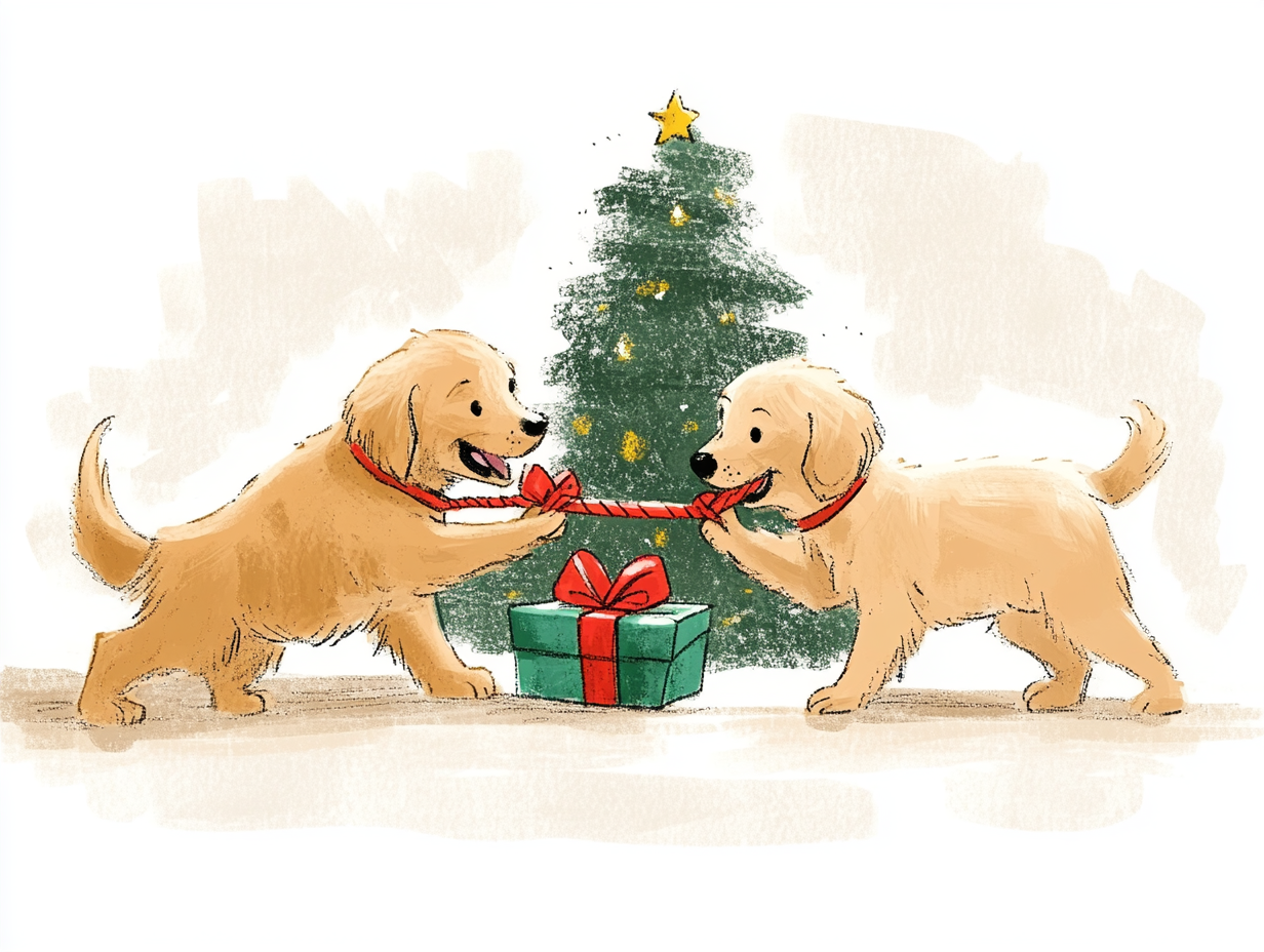 Two dogs play tug of war with gift.