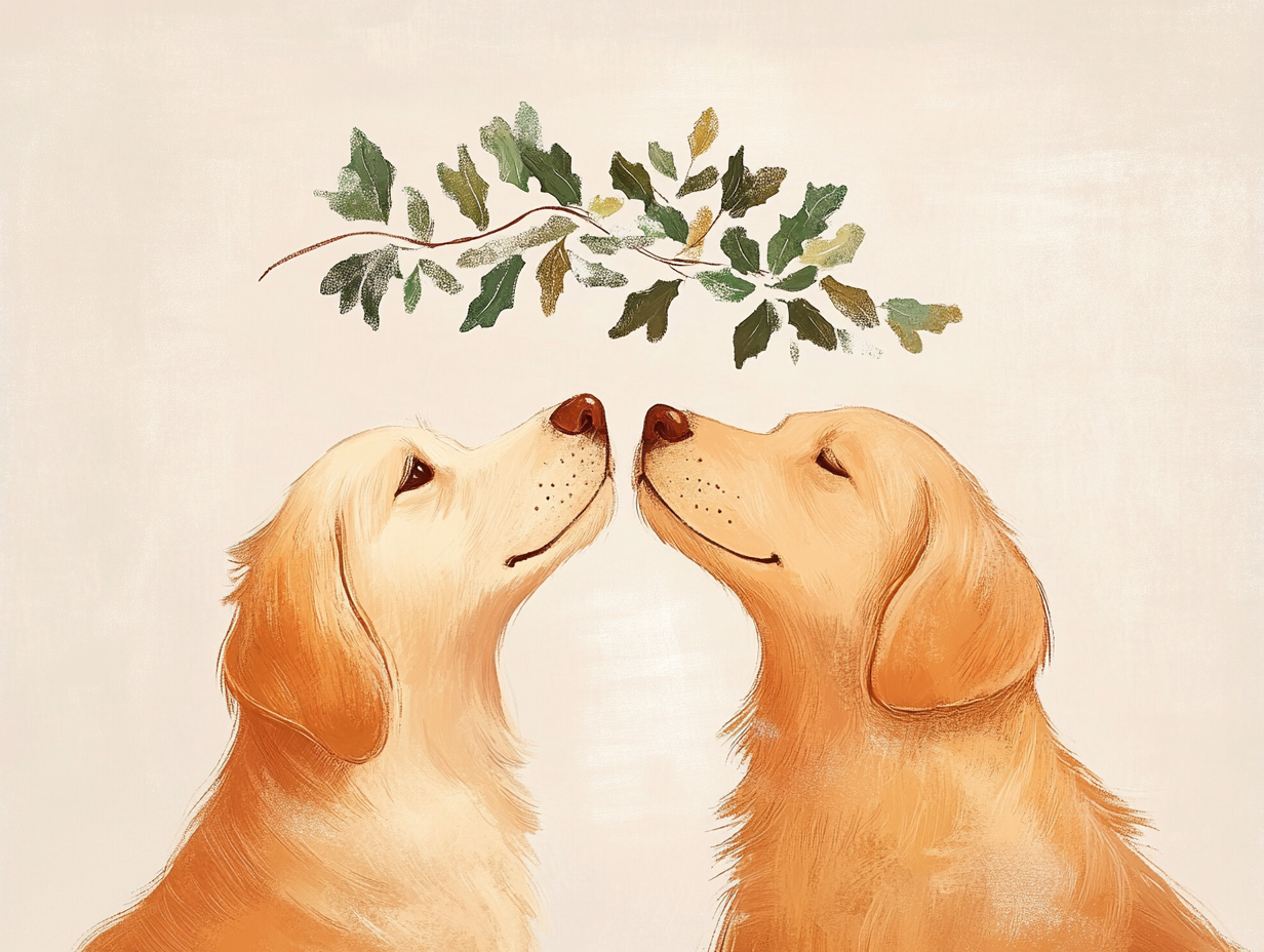 Two dogs standing nose to nose under mistletoe.