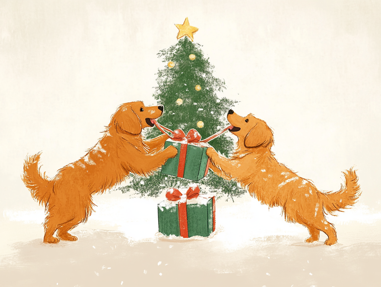 Two dogs tug on Christmas present in front of tree.