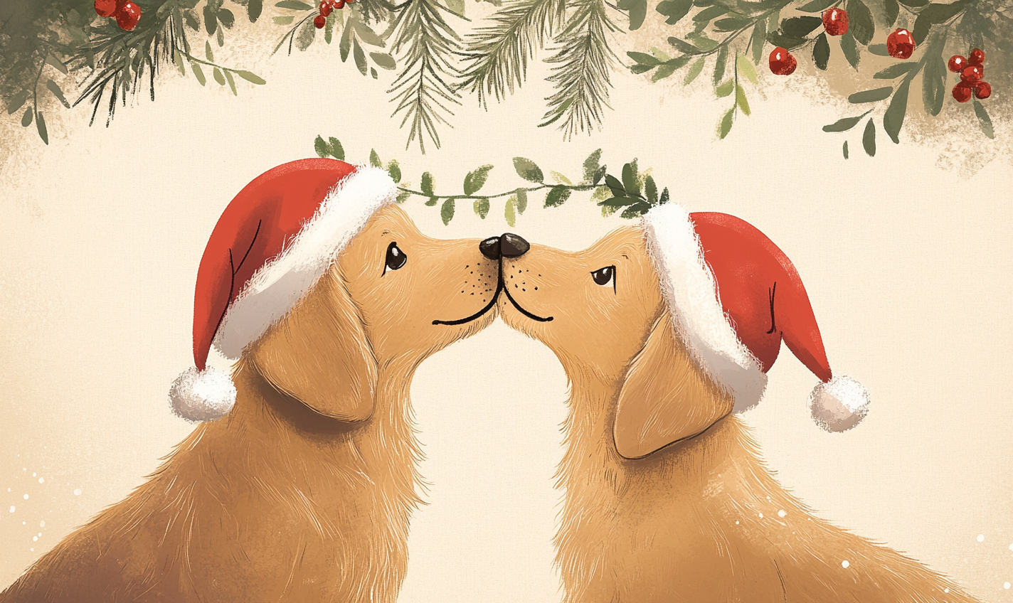 Two dogs with Santa hats sniffing under mistletoe.