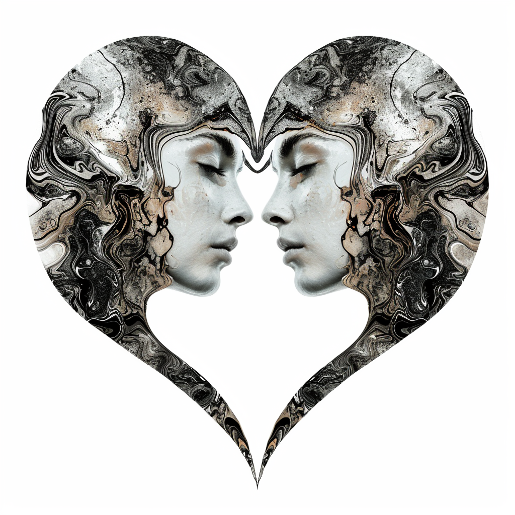 Two-faced heart embraces in avant-garde style.