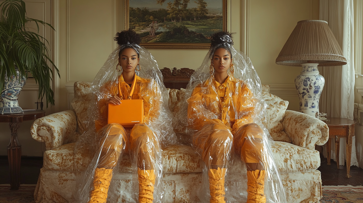 Two fashion models sitting on sofa wrapped in plastic.