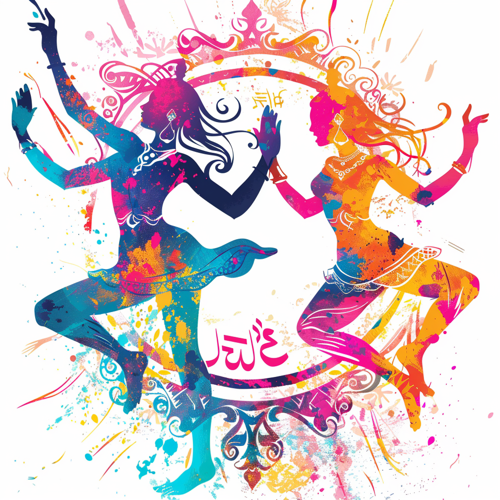 Two figures dancing in a rave with Hindi symbols.