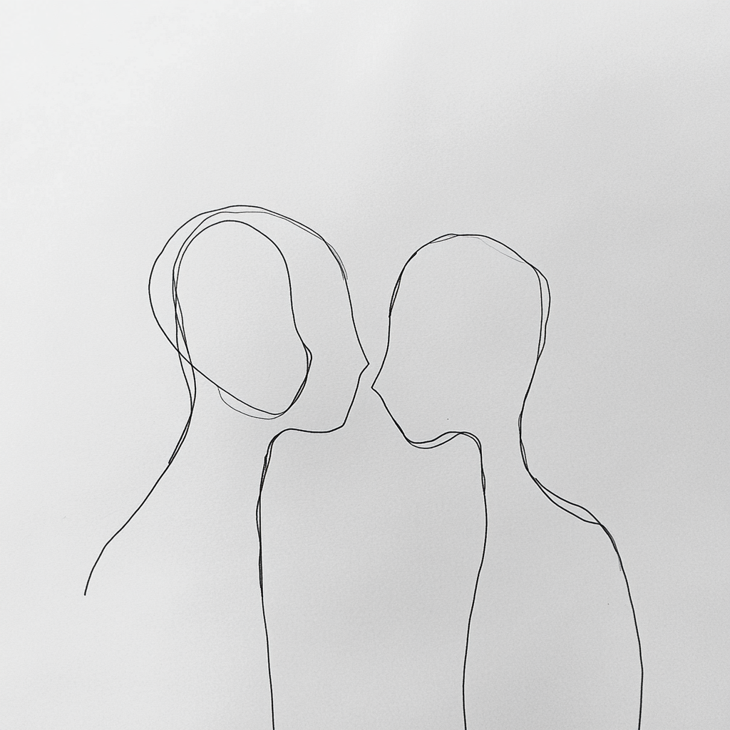 Two figures leaning towards each other, distant gap between.