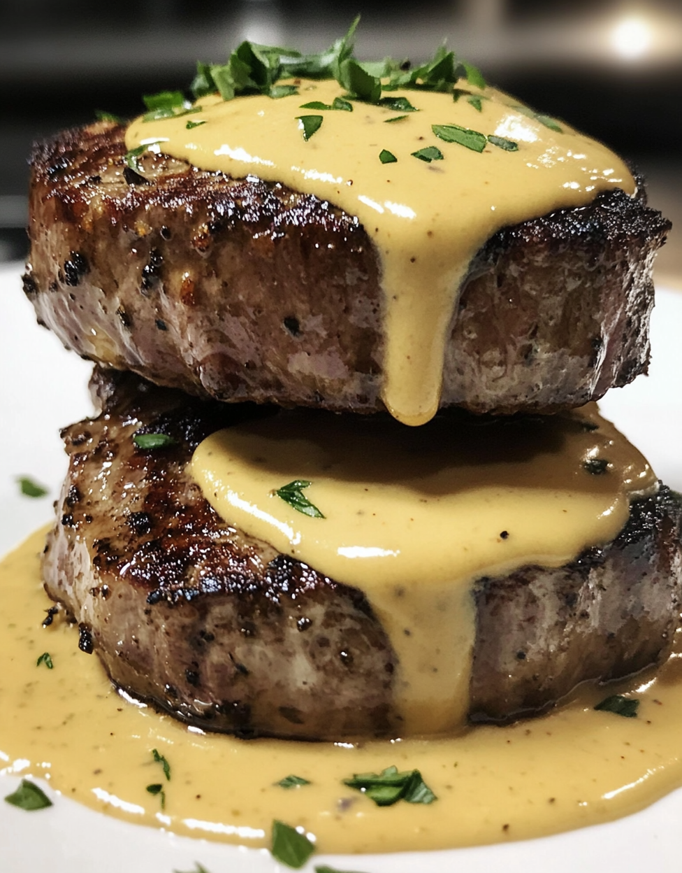 Two filet mignon steaks with creamy sauce.