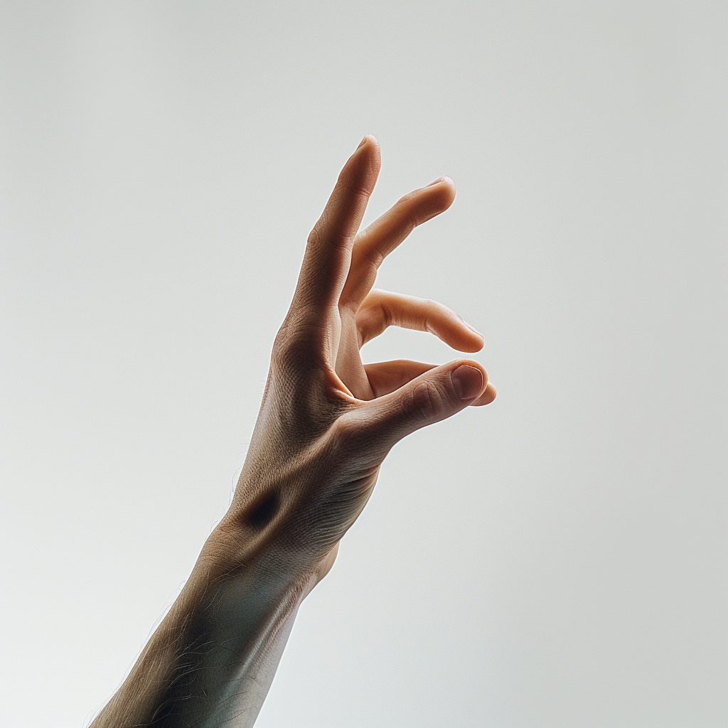 Two fingers raised on hand, white background, detailed skin.