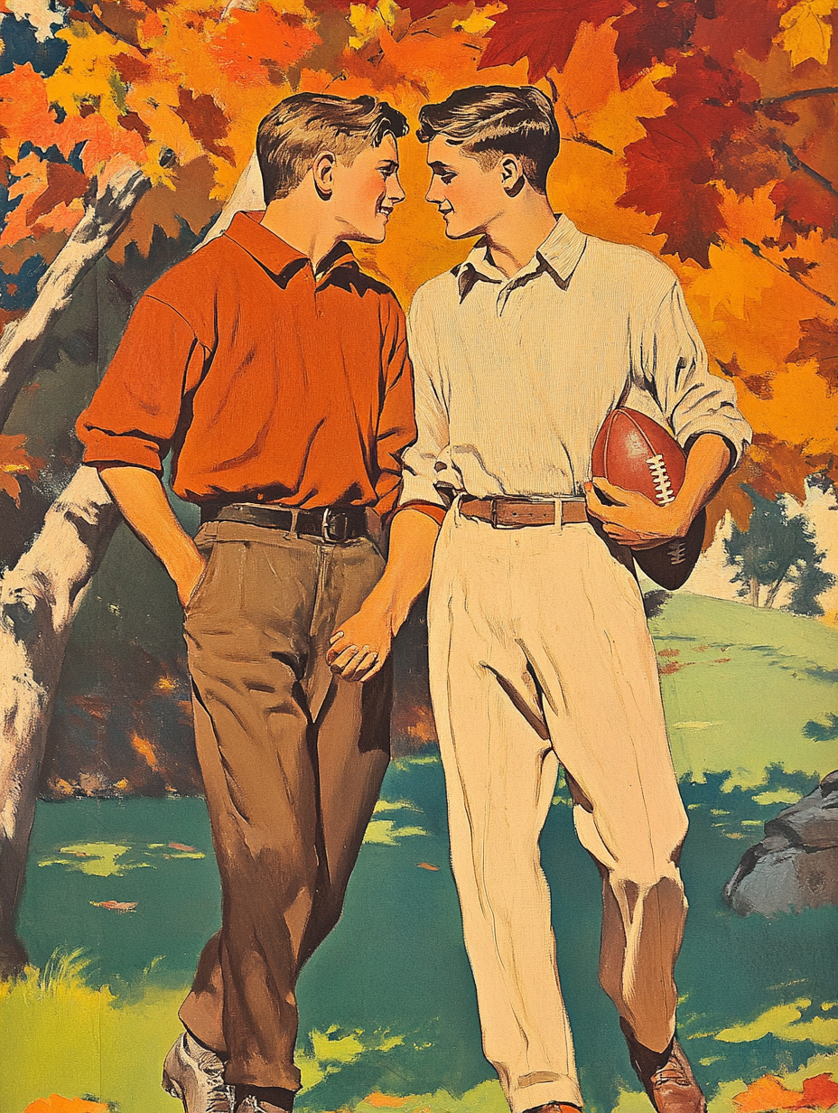 Two football boys in love on vintage book cover.