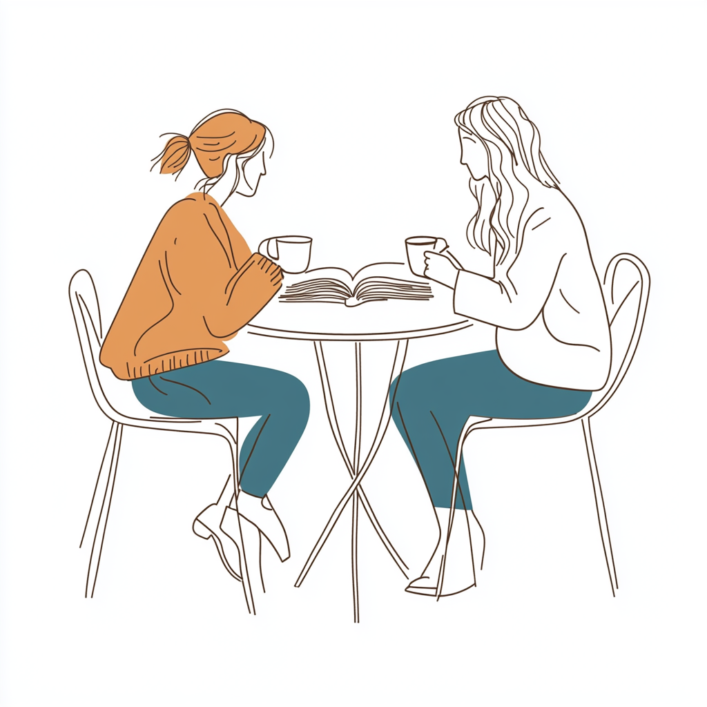 Two friends at a table with books and coffee