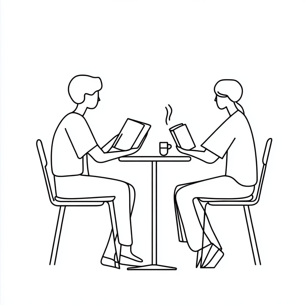 Minimalist Line Illustration of Two friends at table with books and coffee