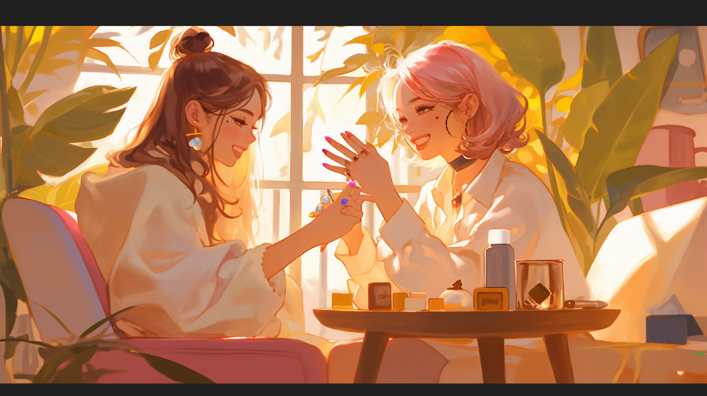 Two friends laughing while painting colorful nails. Pink hair.